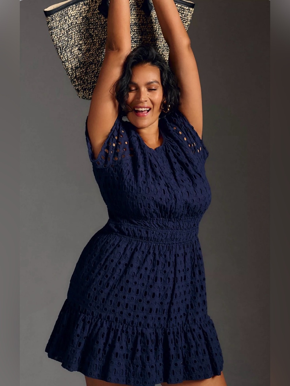 Anthropologie Somerset Eyelet Mini Dress Navy Blue Cotton Size Large